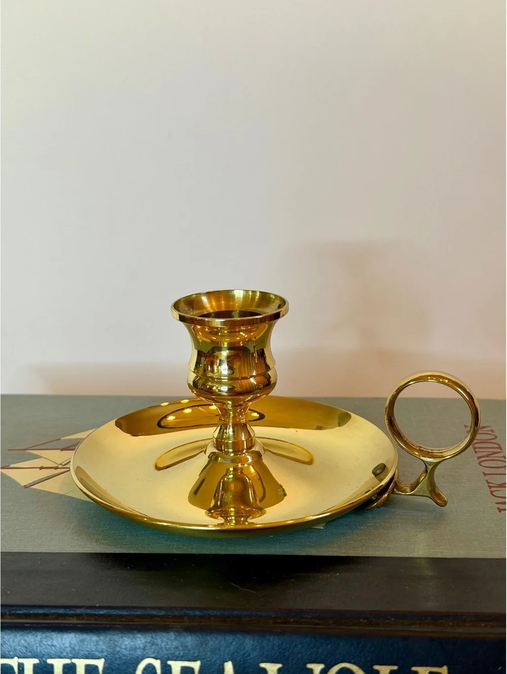 Vintage Solid Brass Chamberstick Candle Holder Finger Loop Handle Gold Tone
